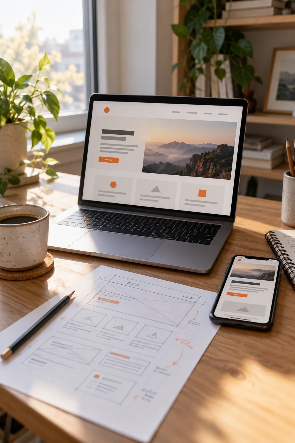 Desk with a laptop and phone showing a website layout, beside a hand-drawn wireframe sketch