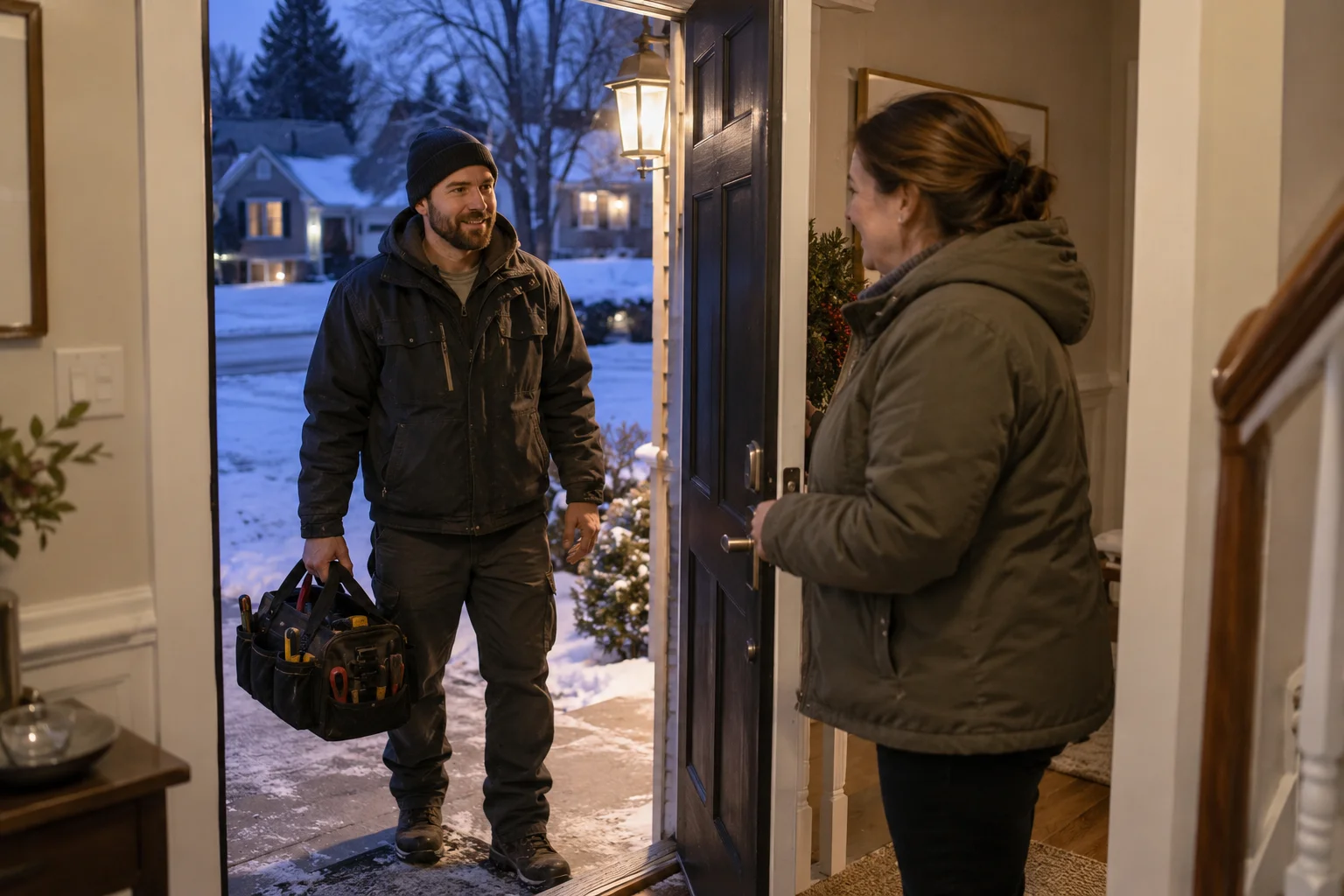 Technician arriving on an emergency heating call