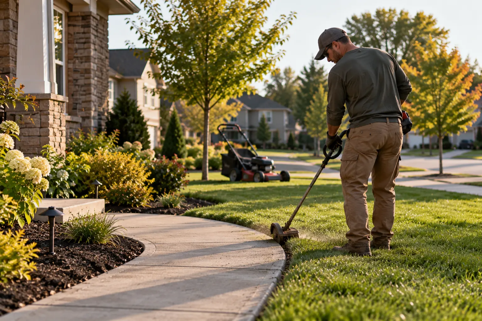 Crew mowing and edging a lawn
