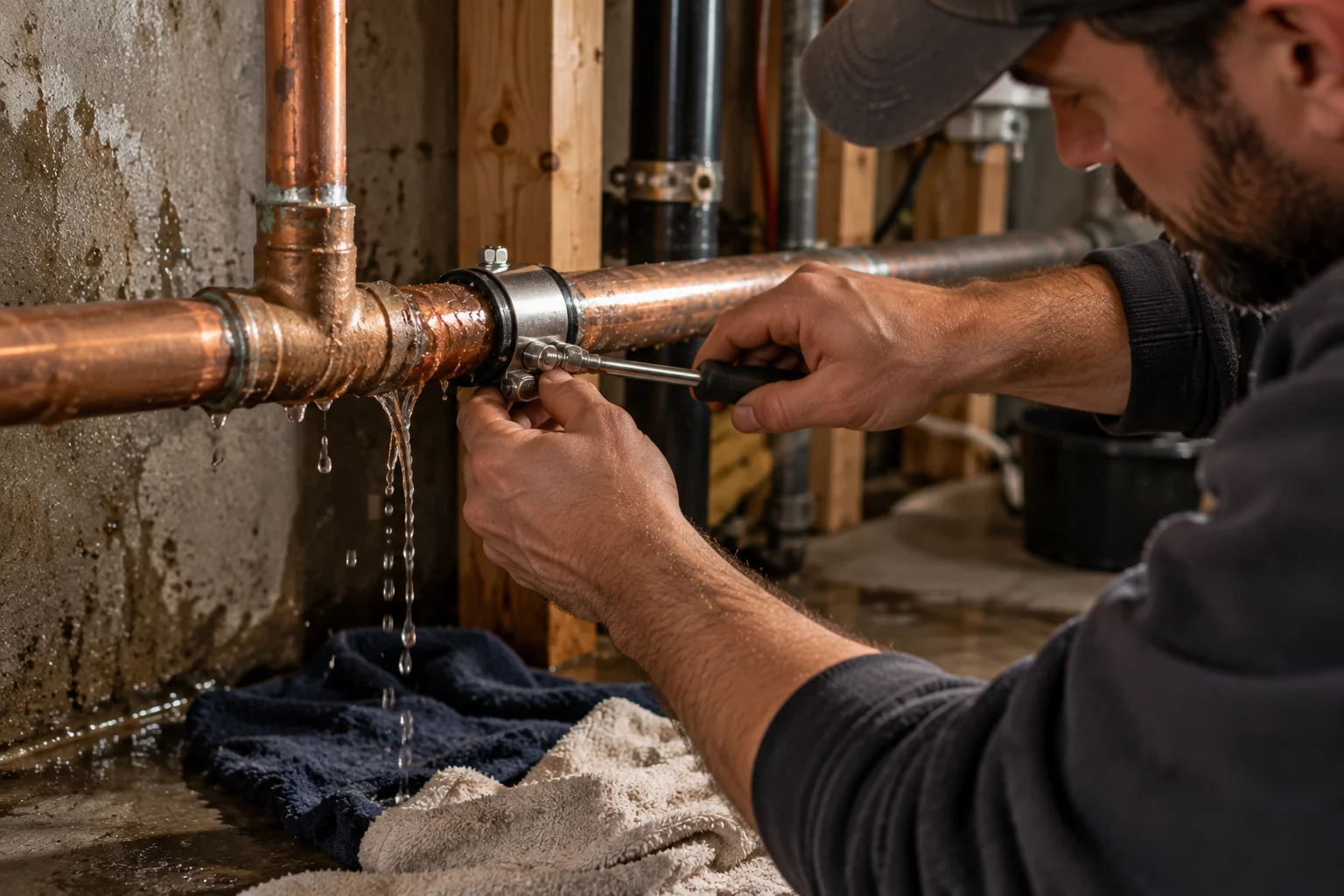 Leak or burst pipe repair in progress