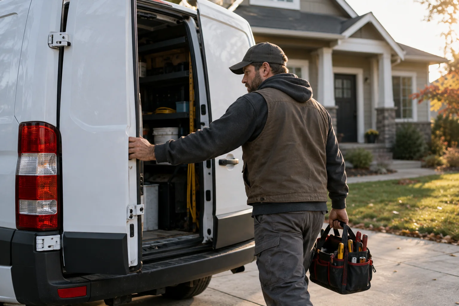 Technician with a tool bag opening his work van outside a home