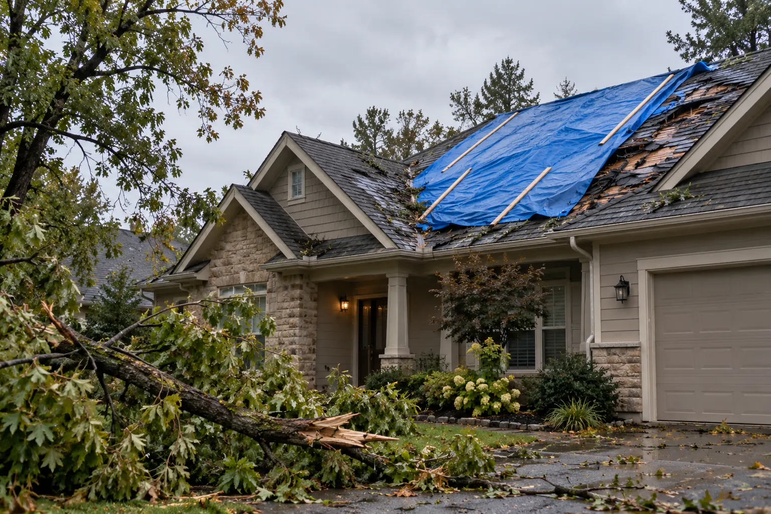 Storm-damaged roof with tarp
