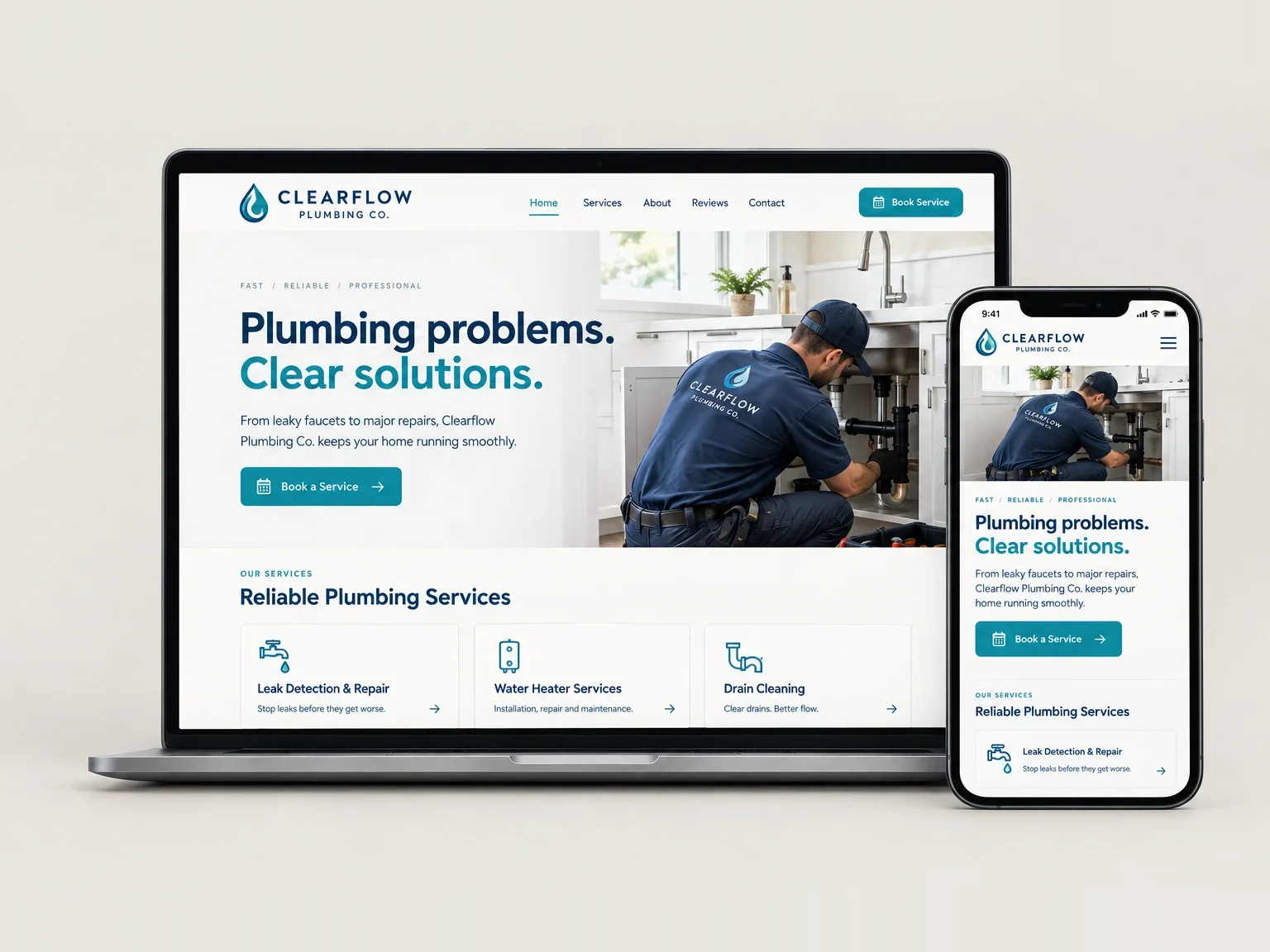 Clearflow Plumbing Co.: website design shown on a laptop and a phone