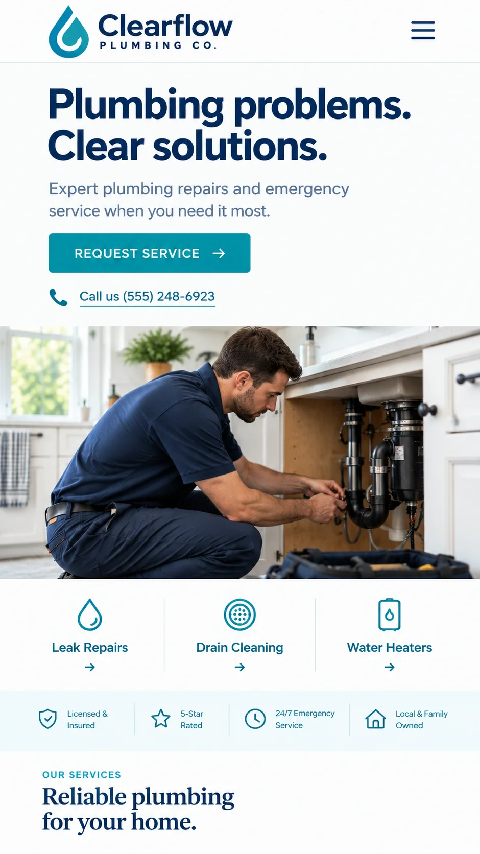 Clearflow Plumbing Co.: mobile homepage
