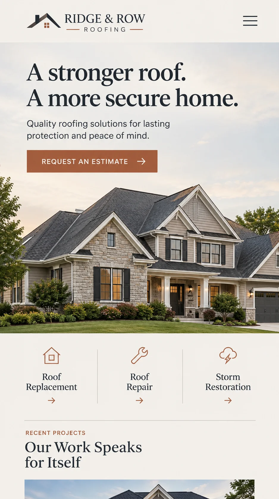 Ridge & Row Roofing: mobile homepage