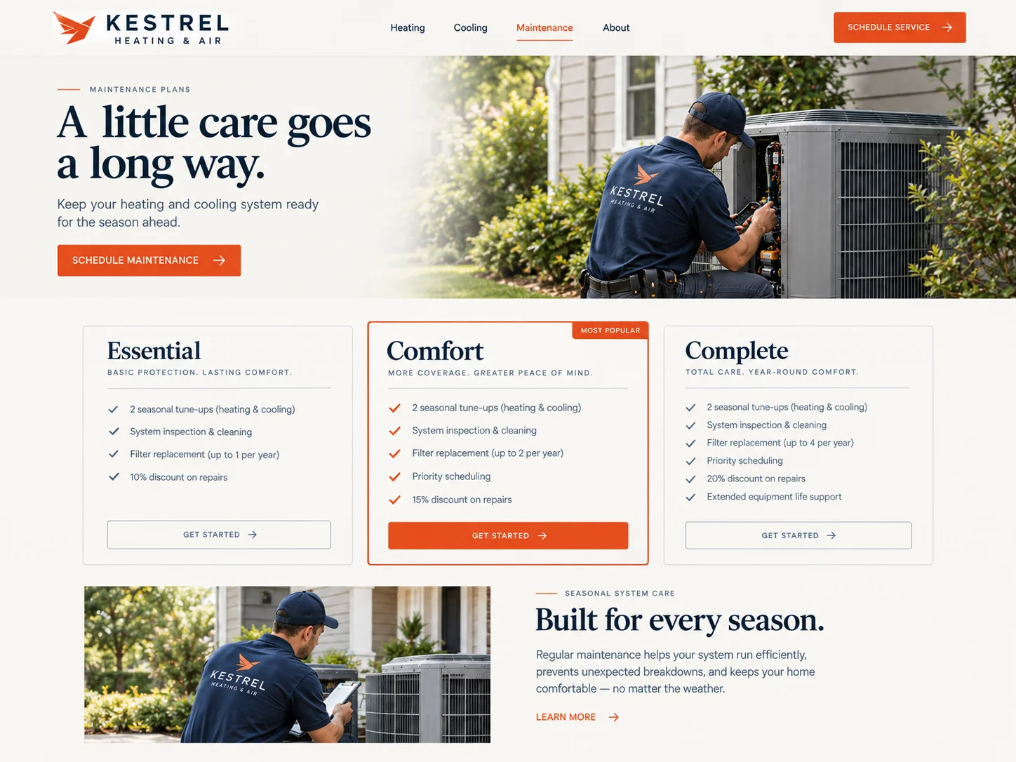 Website design for an HVAC company: maintenance plans page with three plan cards