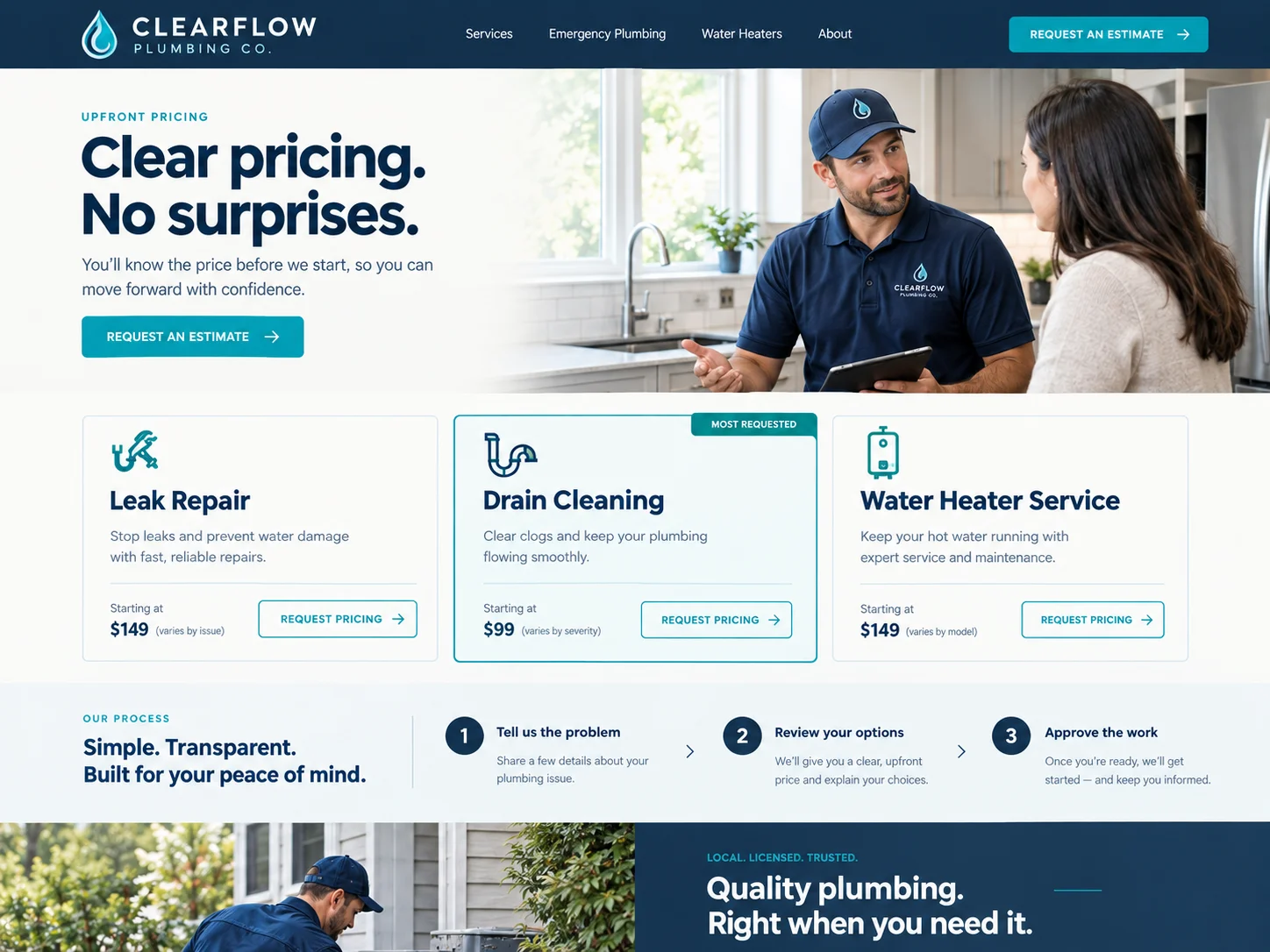 Website design for a plumbing company: upfront pricing page with service cards