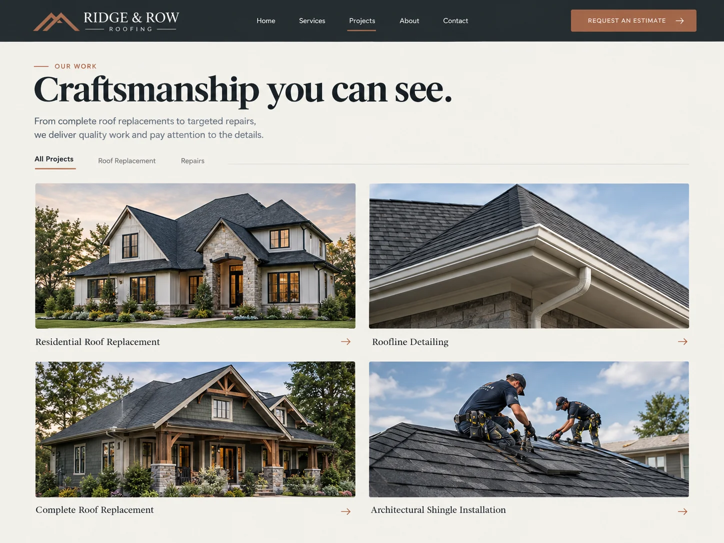 Website design for a roofing company: project gallery of finished roofs