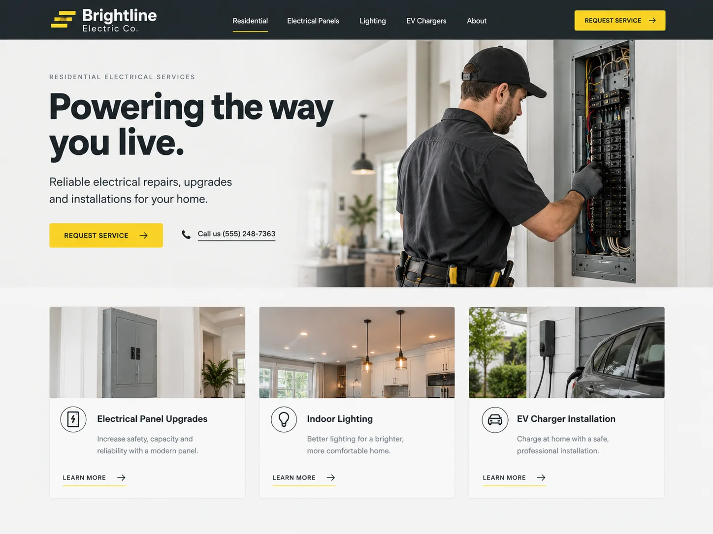 Website design for an electrical contractor: homepage with service cards