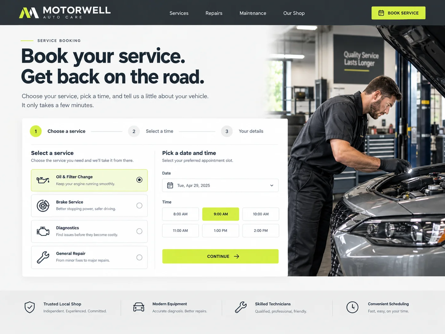 Website design for an auto repair shop: service booking flow