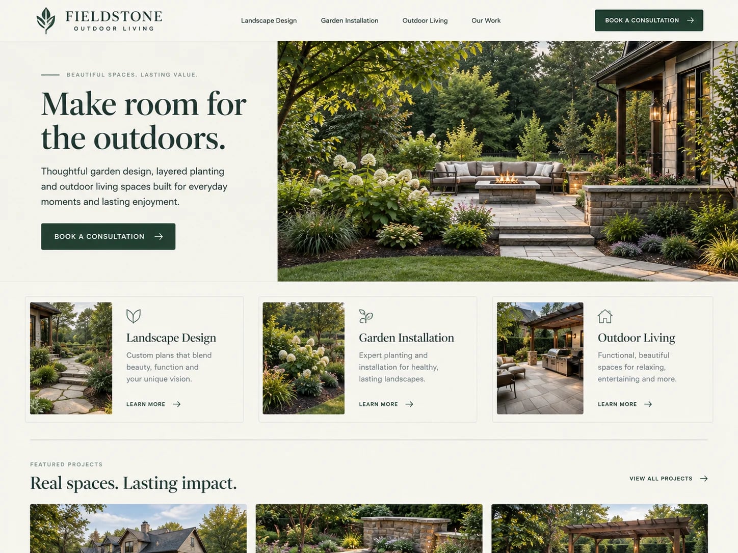 Website design for a landscaping company: homepage with garden photography