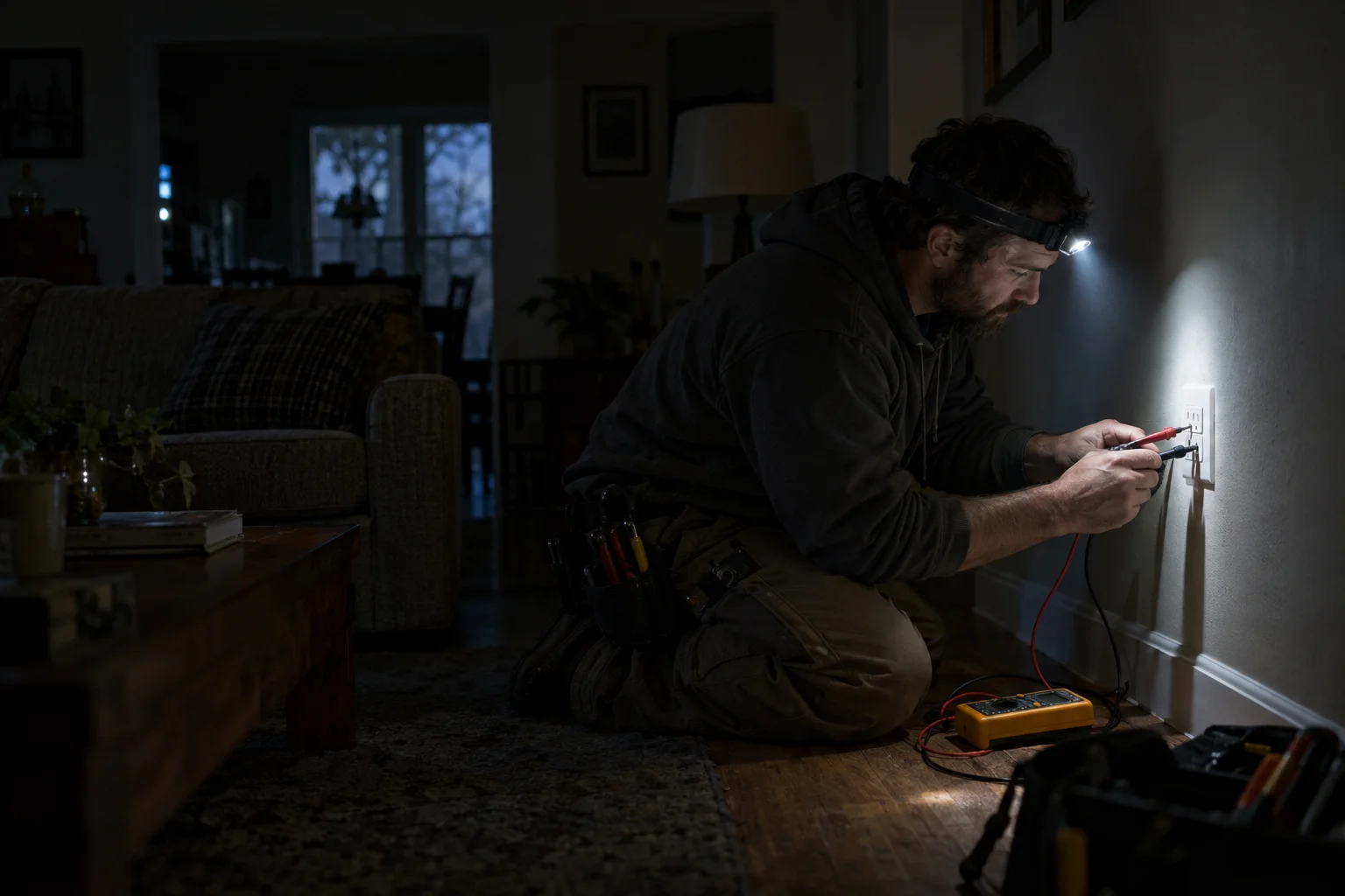 Electrician diagnosing a power outage